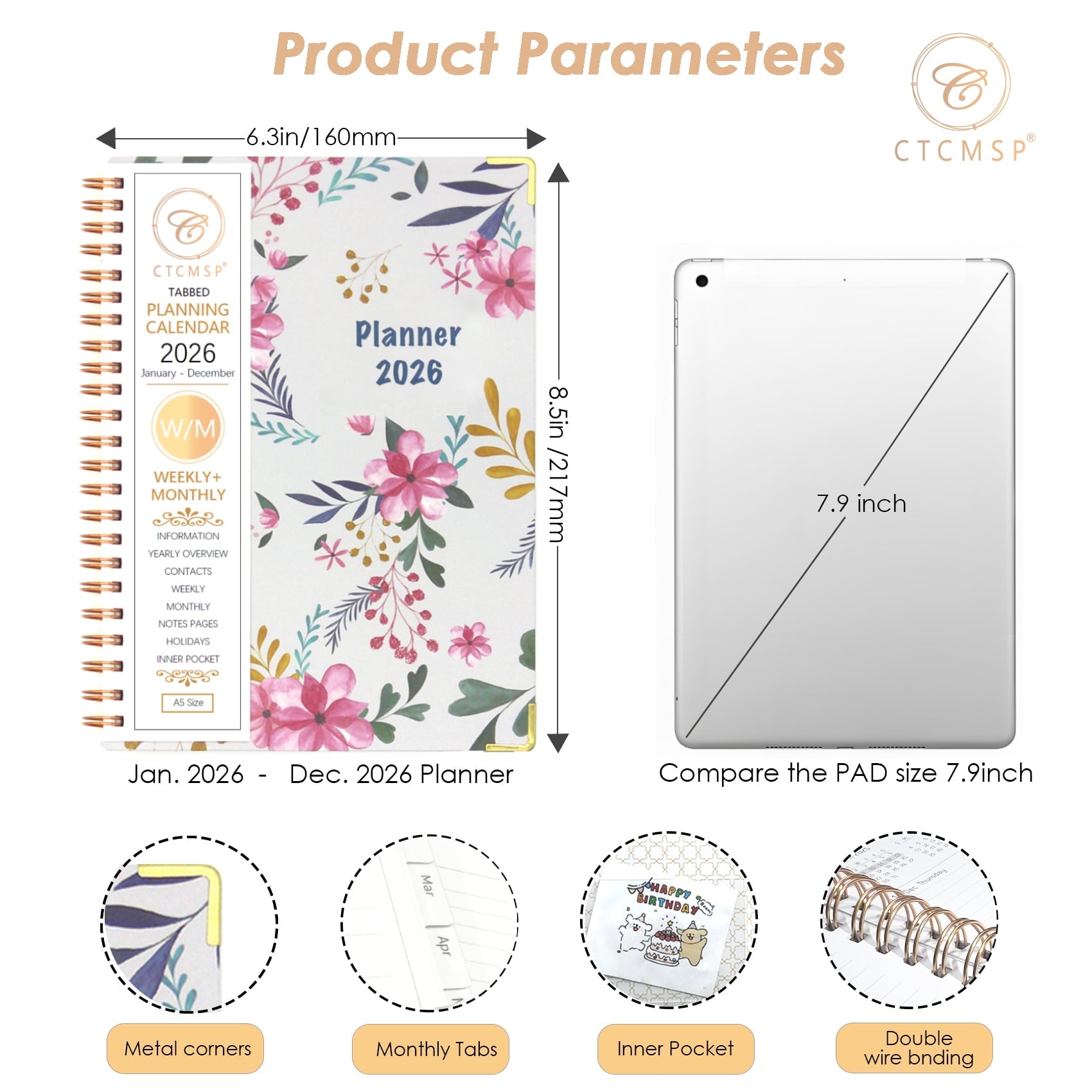 Planner 2026 Calendar Notebook(Jan-Dec.2026,6.3"x8.5") Weekly Monthly Flower Planner for Women Men 2026 Academic Plan... - Image 5