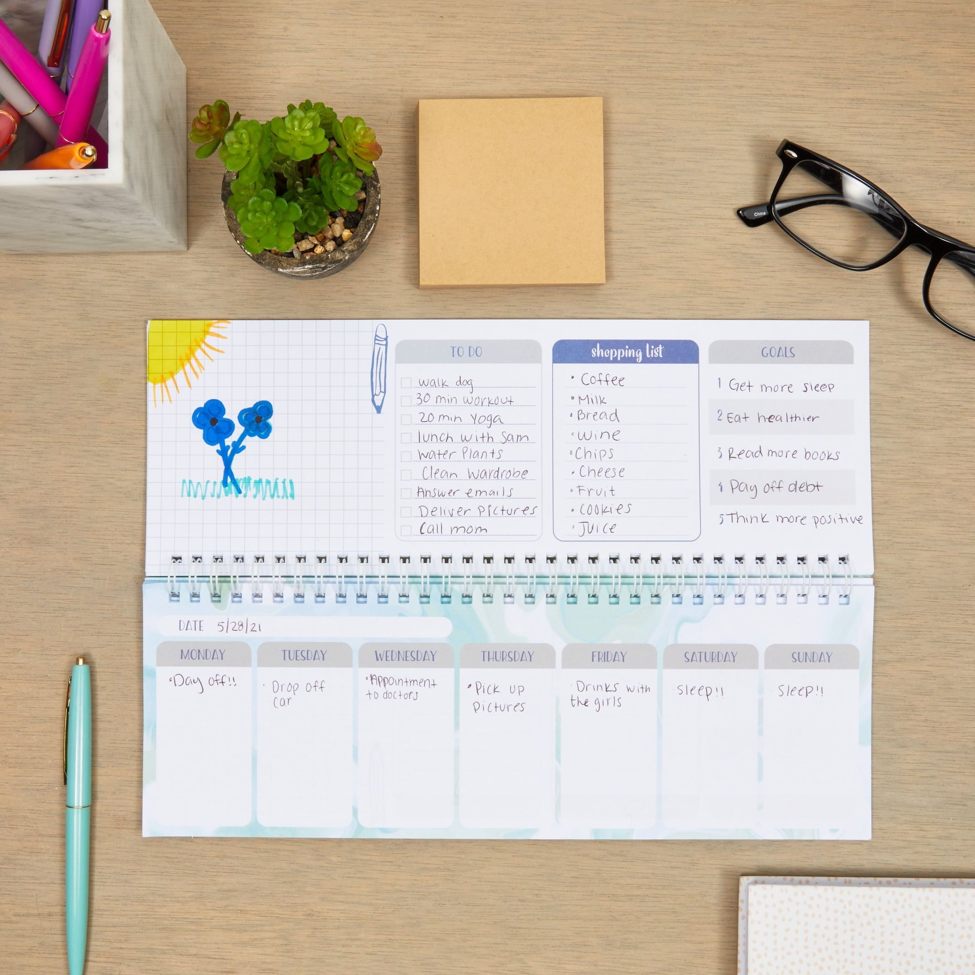 Goals, Shopping, To Do List, Horizontal Desk Calendar (Spiral Bound, 12 x 4 in) - Image 3