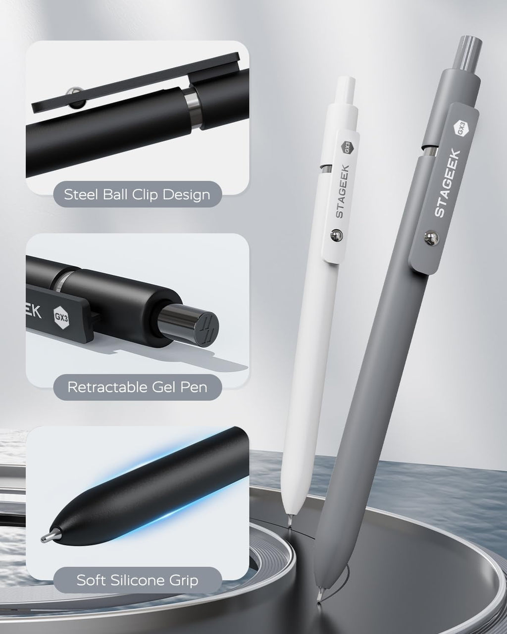 STAGEEK Black Gel Pens GX3, 6Pcs Fine Point Smooth Writing Pens with 3 Extra Refills, Black Ink Pens for Journaling, Writing, Office, Note T - Image 5