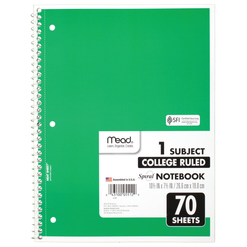 Spiral Notebook, 1 Subject, College Ruled, 70 Sheets, Assorted (05512) - Image 5
