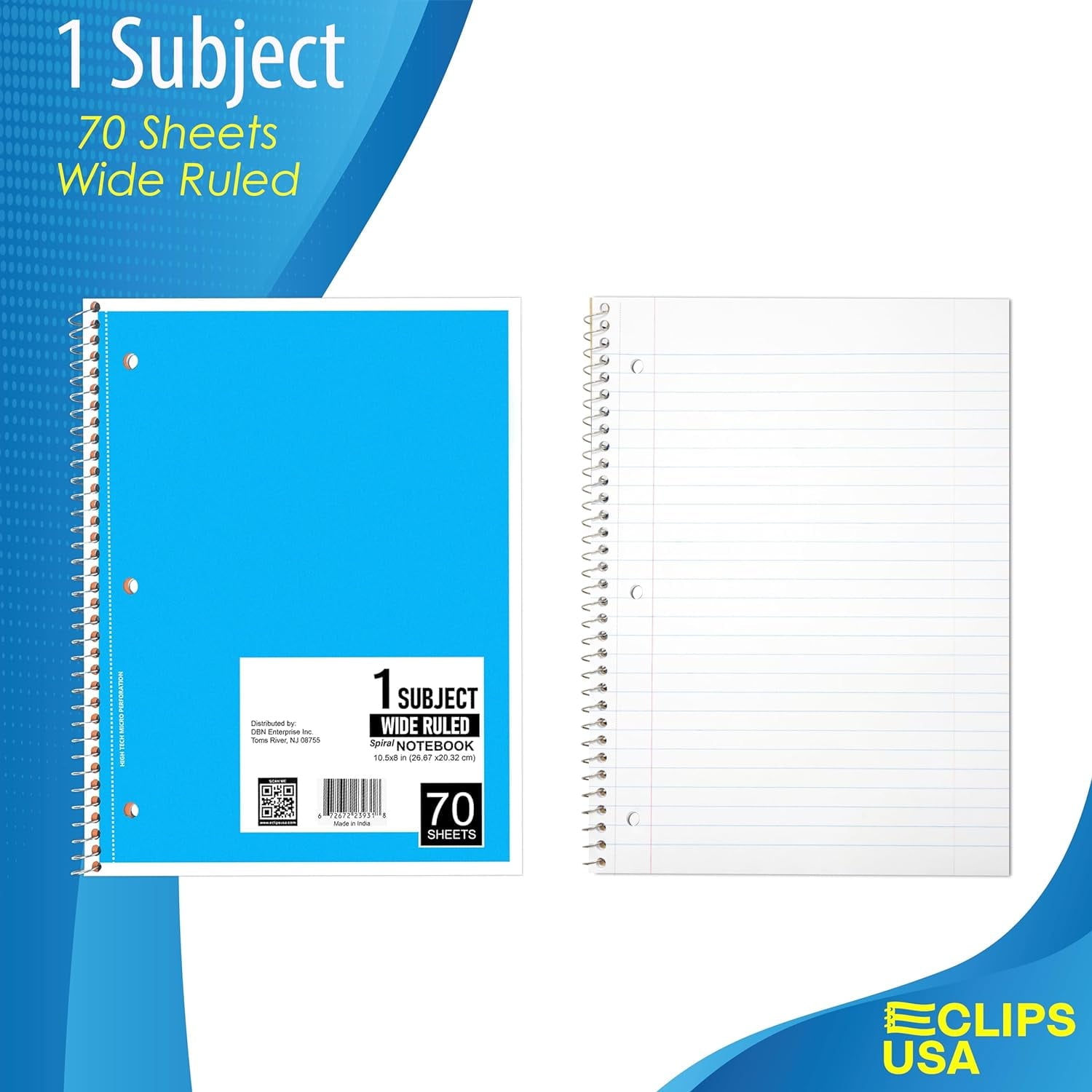 E-CLIPS USA Wide Ruled Single Subject Spiral Notebook, 50 GSM, 70 Sheets, 12 Pack - Image 3