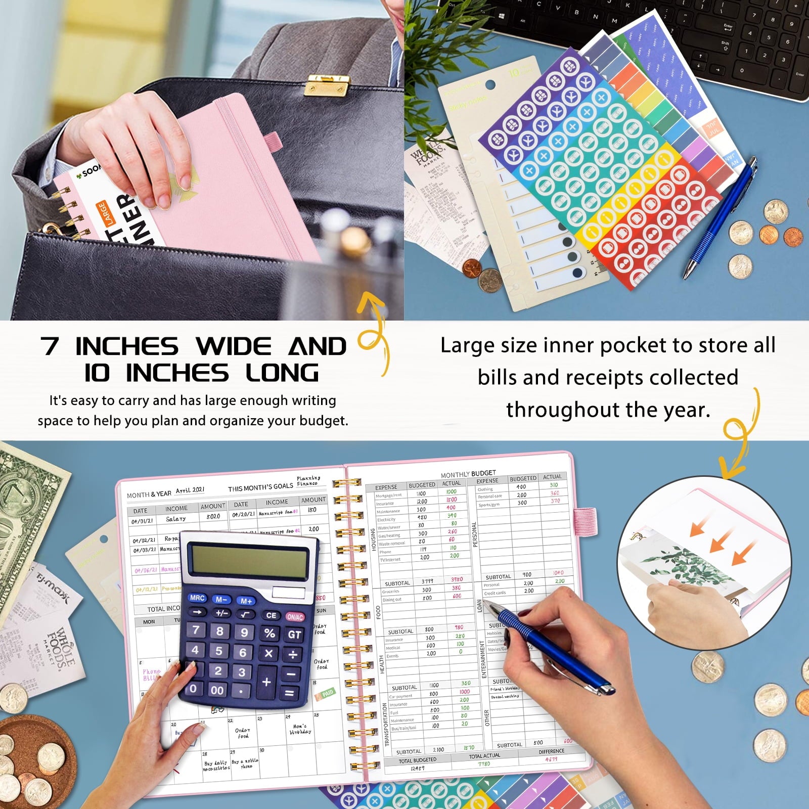 Monthly Budget Planner, Expense Tracker Notebook, Bill Organizer & Finance Planner, 7"x10", Pink - Image 2
