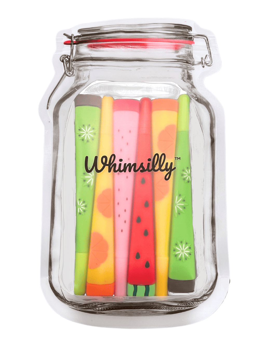 Whimsilly Set of 6 Fruit Shaped Pens in Mason Jar Pouch, Fine Tip Ink Gel Pen Set, Whimsical Stationary for Gifts, Office - Image 3