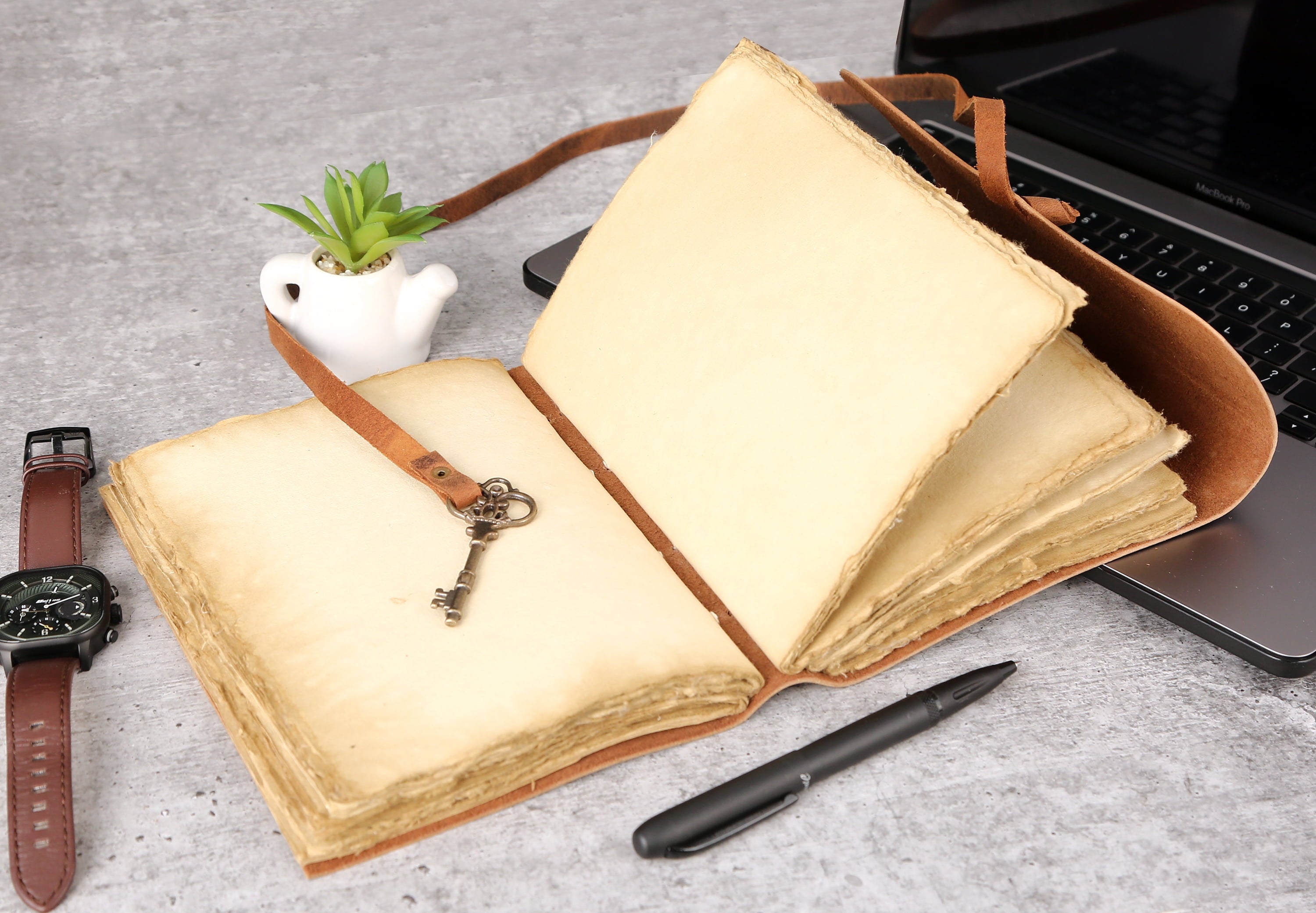 Leather Journal with unlined Deckle Edge Paper and Vintage Key/Handmade Writing Notebook Diary/Bound Daily Notepad fo... - Image 3