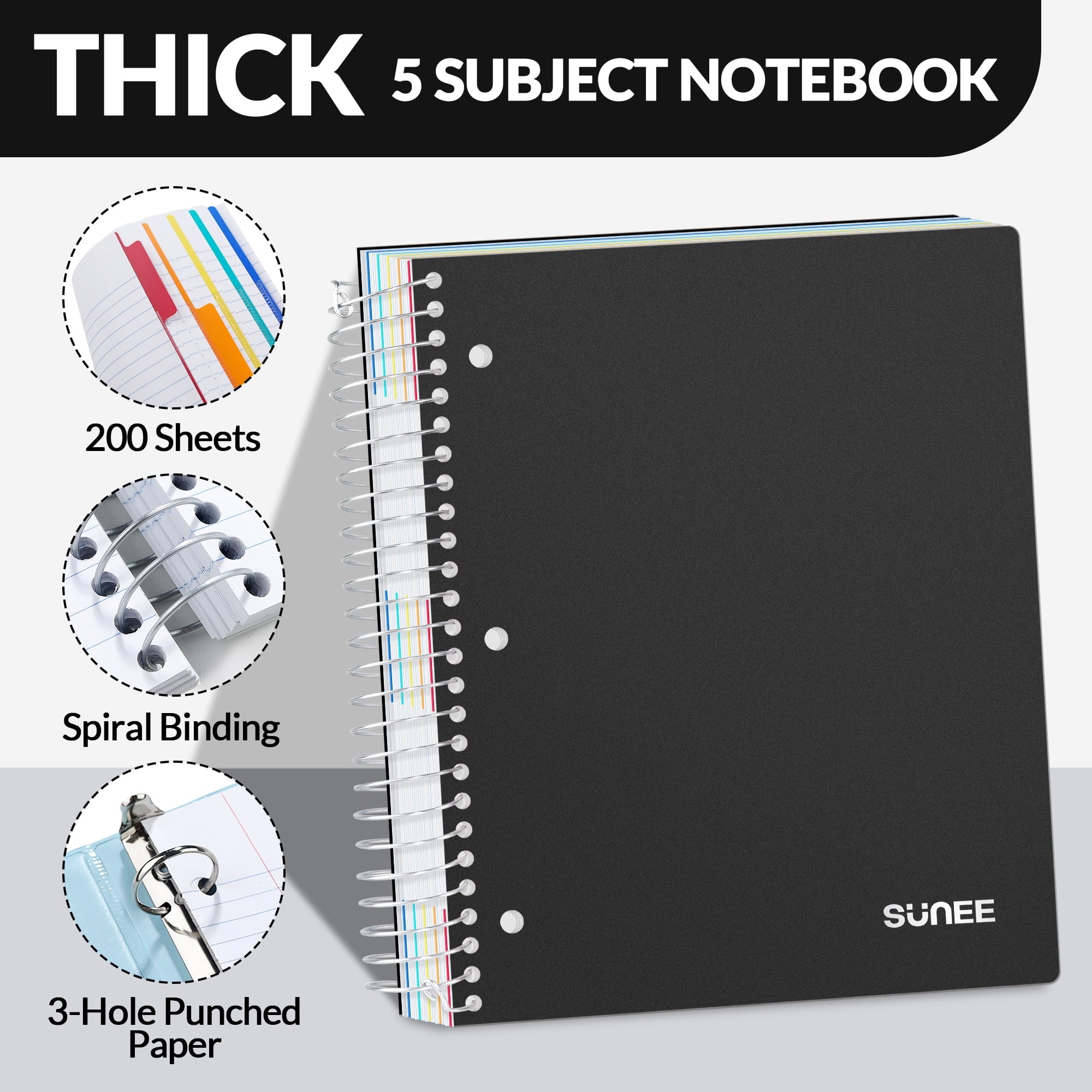 5 Subject College Ruled Spiral Notebook, 400 Pages, 8.5 x 11 Inches, Black - Image 3