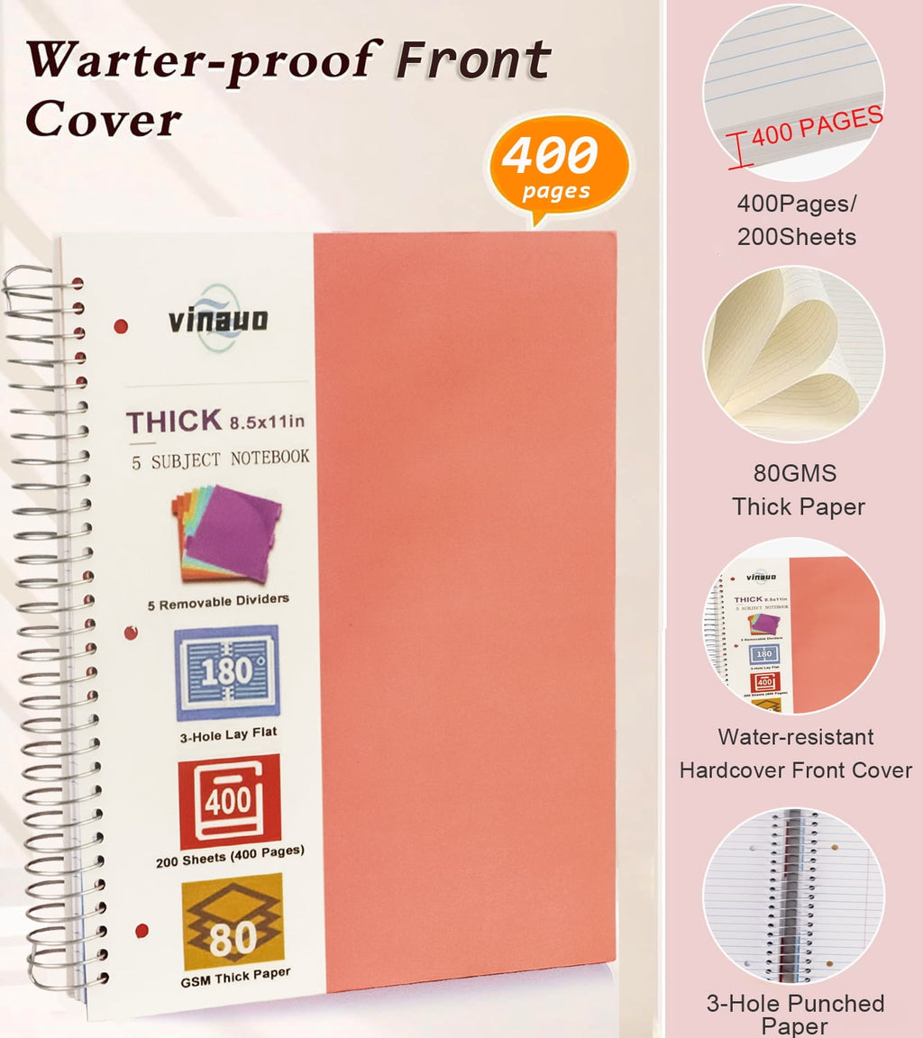 8.5" x 11", 5 Subject s College Ruled with Removable Dividers, 400 Pages Thick Writing Journal for Work , Pink - Image 2