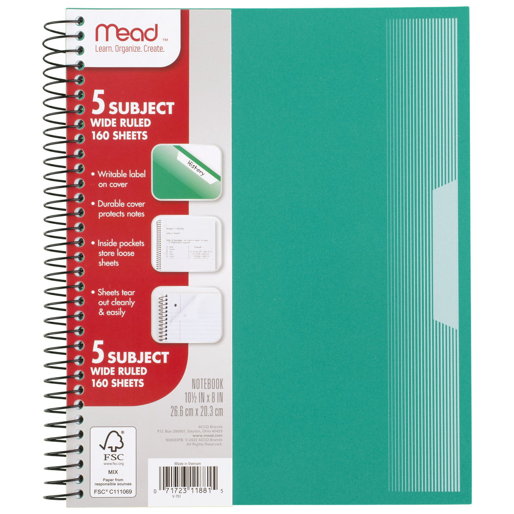 Mead Spiral Notebook 5 Subject Wide Ruled Plastic Cover 8 x 10 12 5 Pack - Wide - Image 6