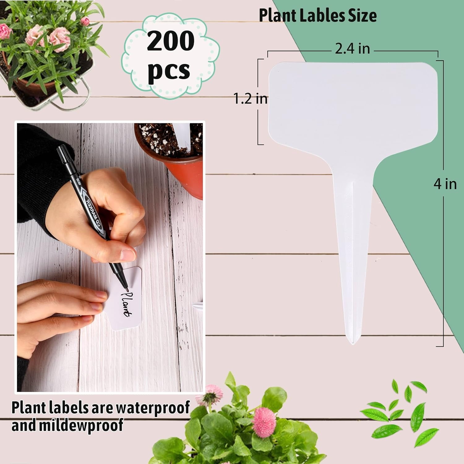 200pcs 4 Inch T-Type Plant Labels - Waterproof Plastic Garden Markers with Permanent Marker Pen, Reusable Plant Tags ... - Image 2