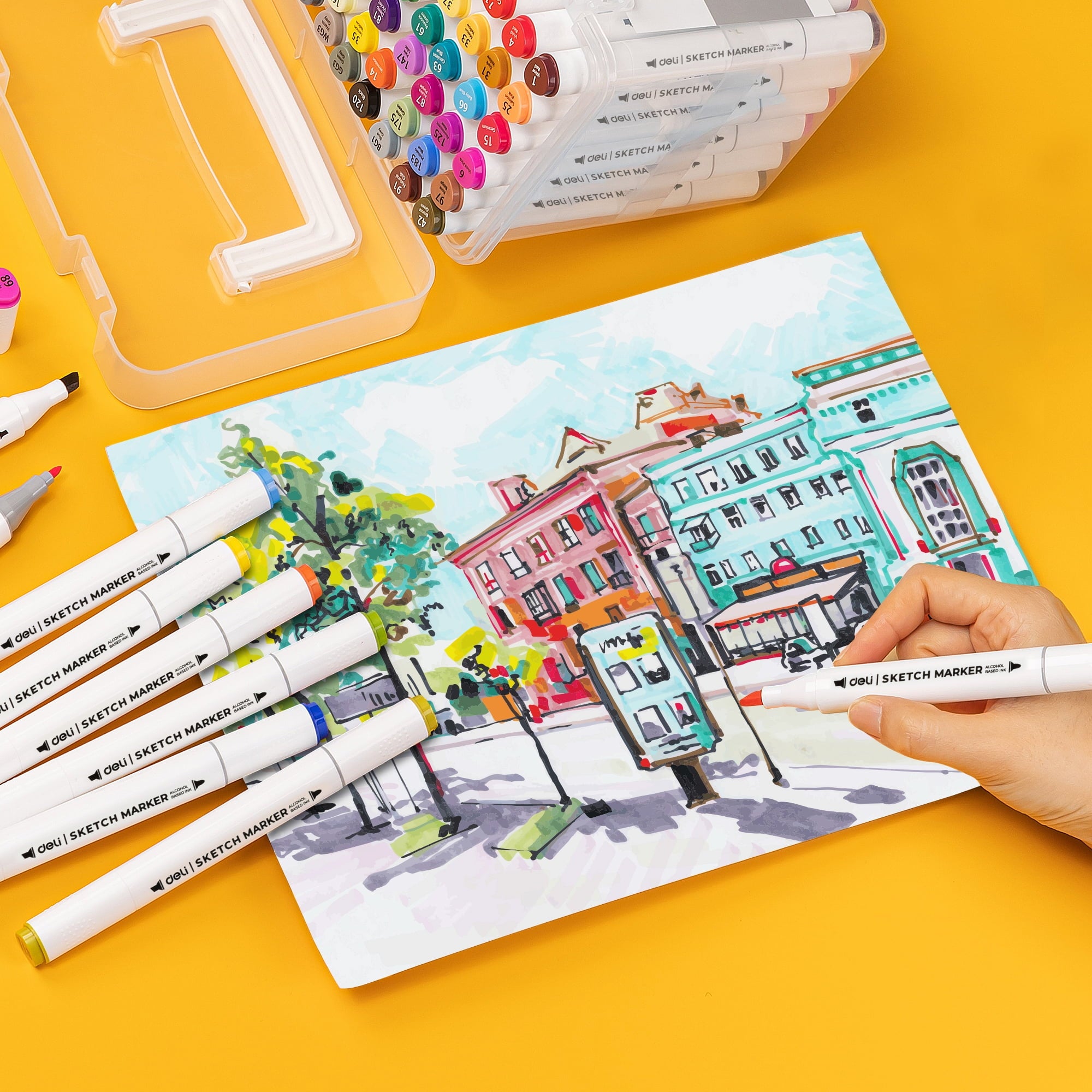 Deli 60 Colors Dual Tip  Permanent Markers, Art Alcohol Markers Set Art Supplies with Storage Box - Image 4