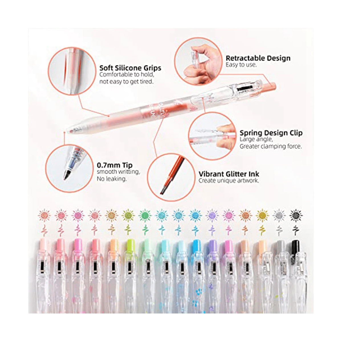 Glitter Gel Ink Pen 16 Assorted Color Retractable Gel Pen Set 0.7mm Fine Tip Colored Journaling Pen Coloring Drawing - Image 3