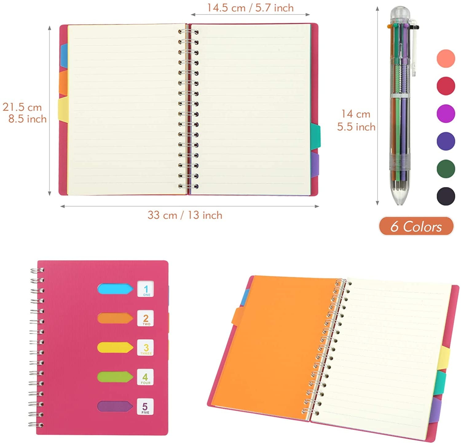 Spiral Notebook, 5 Subject College Ruled A5 Notebook with 5 Colored Tabs,6-in-1 Pen,Rose Pink,240 Pages - Image 4