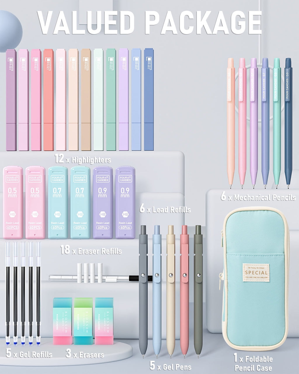 39 PCS Aesthetic Supplies, 12 Pastel Highlighters, 5 Black Ink Gel Pens, 6 Mechanical Pencils Set 0.5 & 0.7mm for Sta... - Image 3