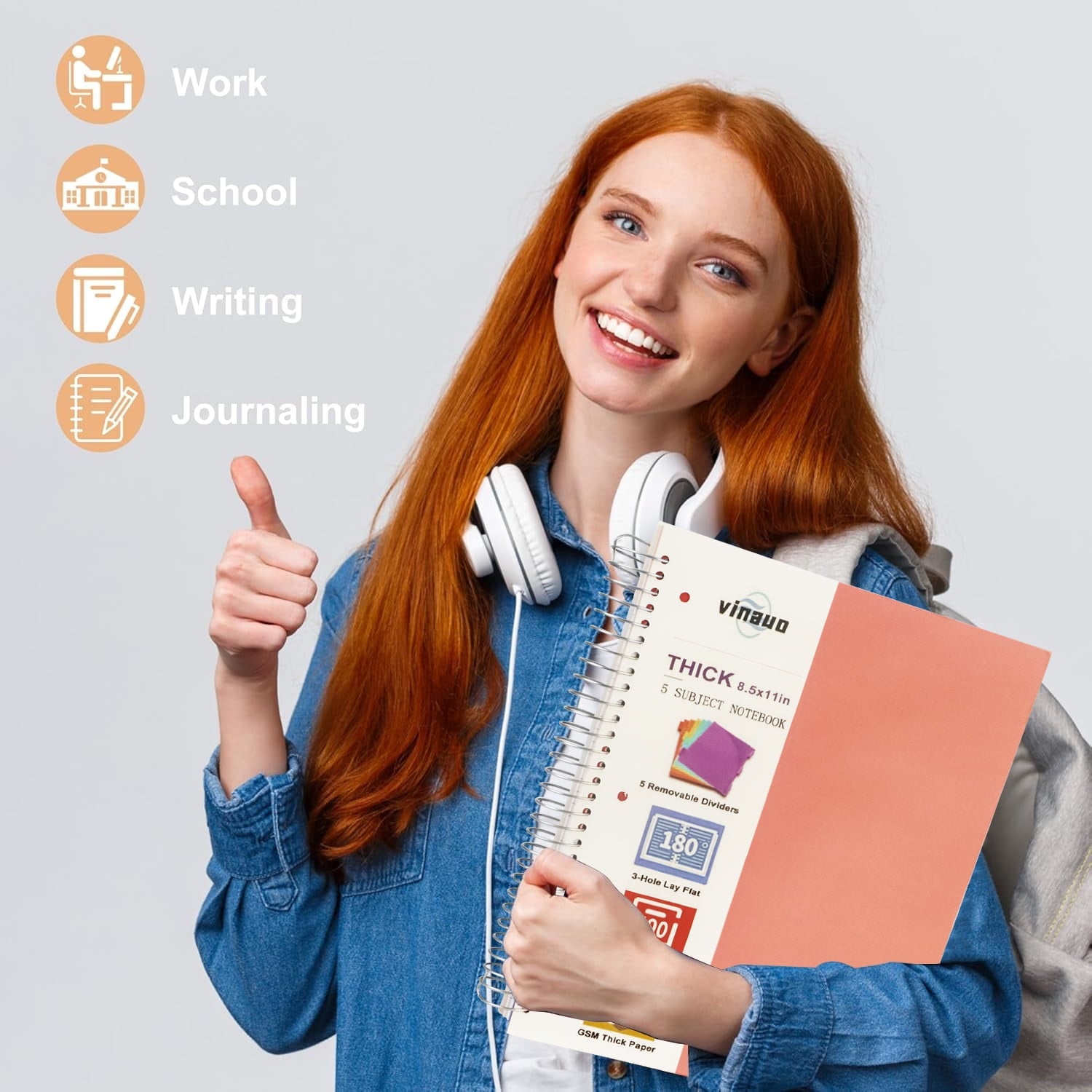8.5" x 11", 5 Subject s College Ruled with Removable Dividers, 400 Pages Thick Writing Journal for Work , Pink - Image 5