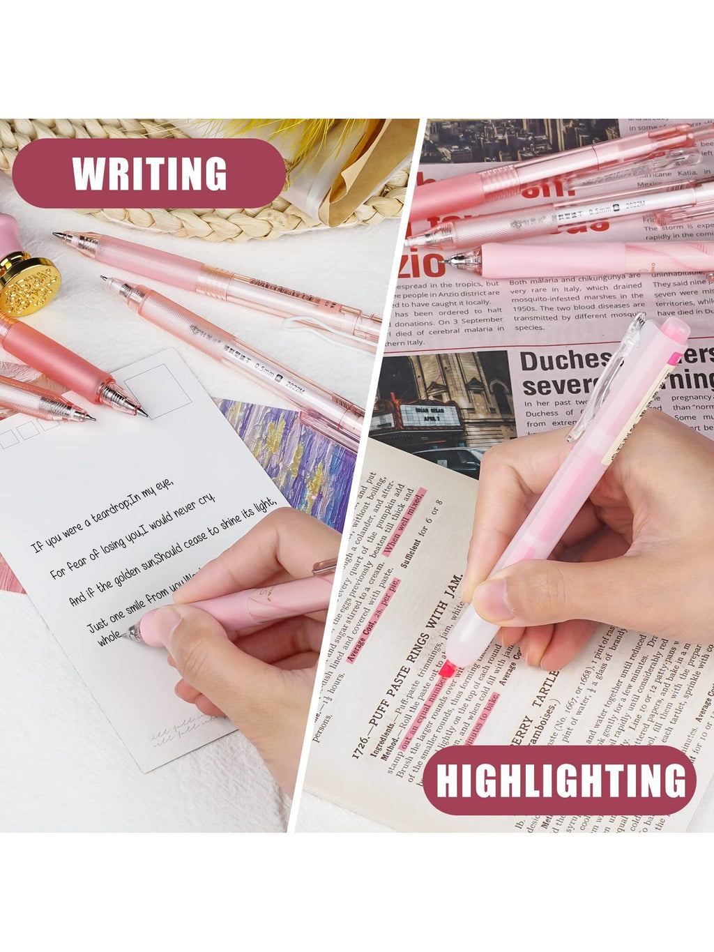 Retractable Pink Pen Set, 11Pcs Black Ink Gel Pens(0.5mm), 1Pcs Pink Highlighter, 0.5mm Fine Point for Journaling, Wr... - Image 2