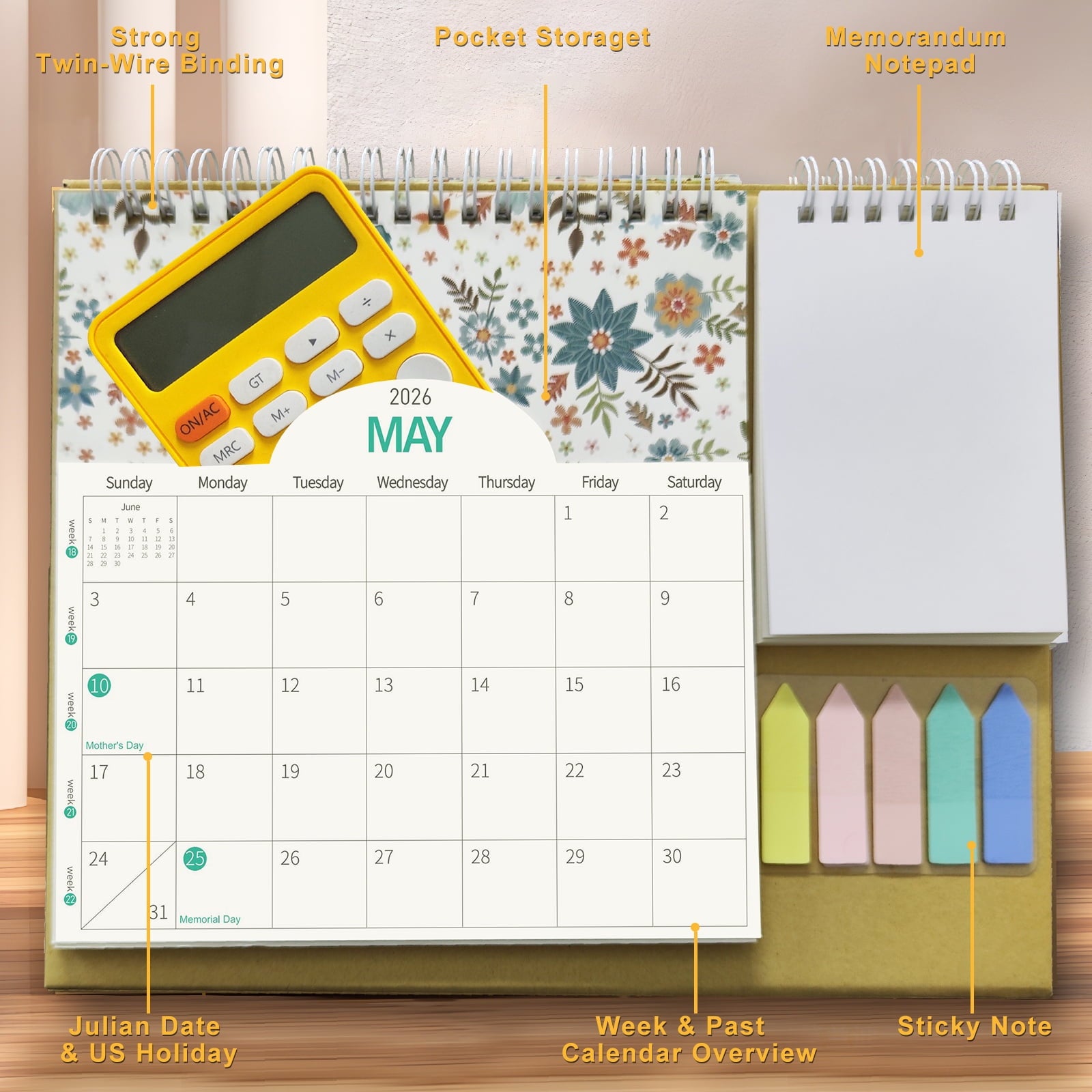 Small Desk Calendar 2026, Monthly Desktop Calendar with Pocket Folder, Jan. 2026 - Dec. 2026, 8" x 10", Standing Flip Calendar with To Do Li - Image 4