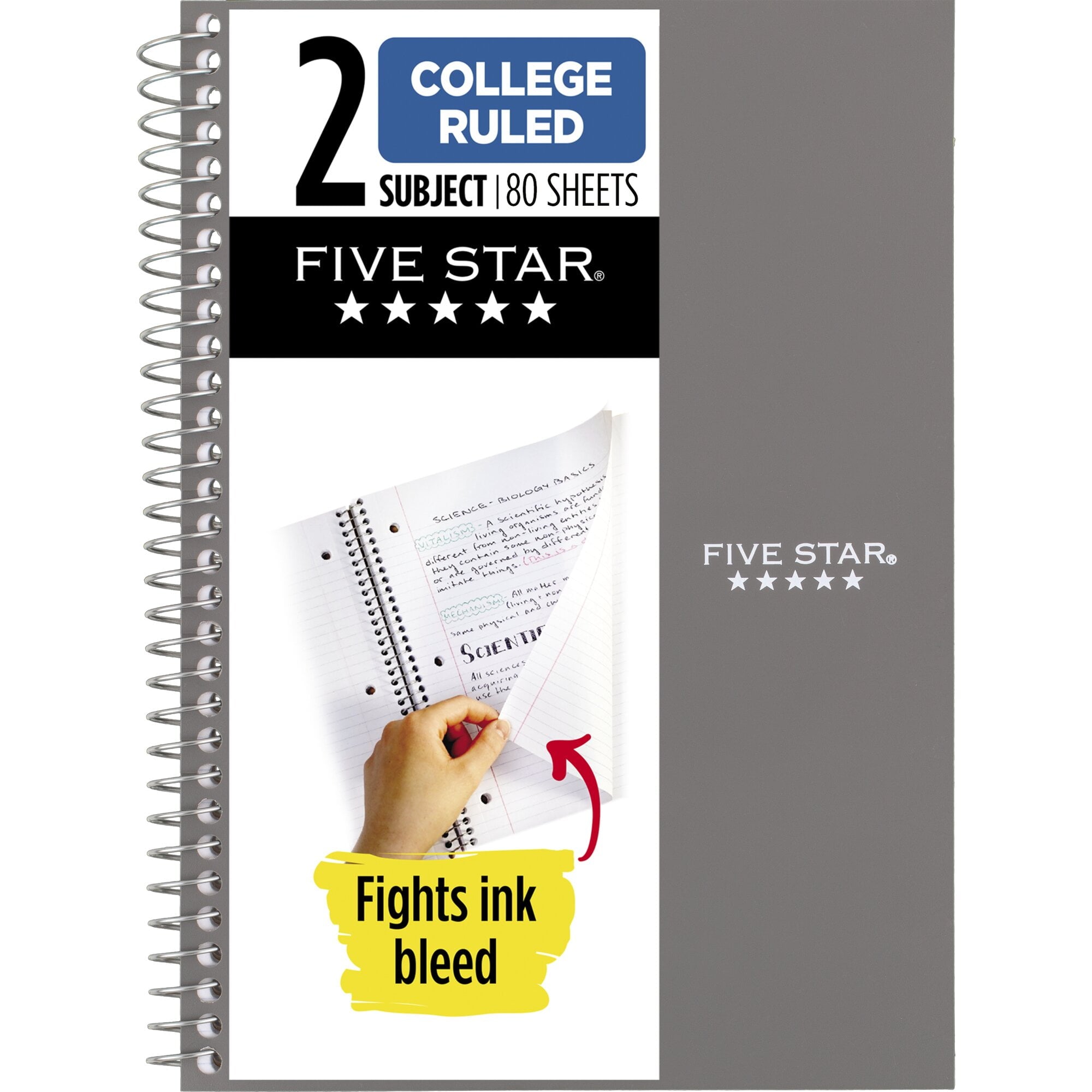 (2 pack) Five Star Spiral Notebook, 2 Subject, College Ruled, 6" x 9.5", Gray - Image 2