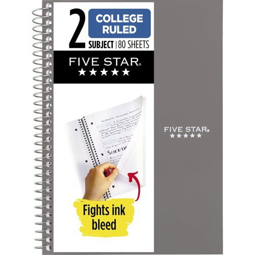 (2 pack) Five Star Spiral Notebook, 2 Subject, College Ruled, 6" x 9.5", Gray - Image 2