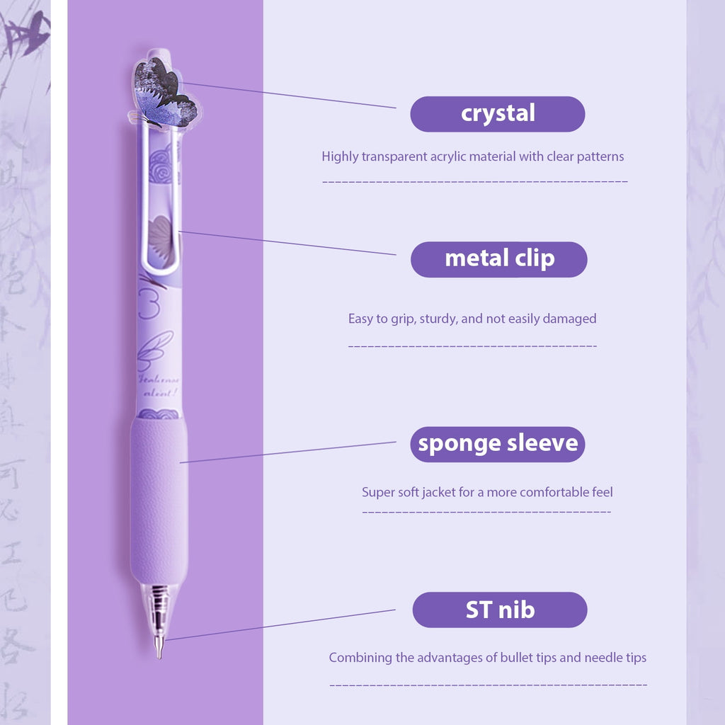 8 Pcs Purple Butterfly Pens Cute Retractable Gel Pens 0.5mm Black Ink Writing Pen for Women Men Pen Set Office Home Supplies - Image 6