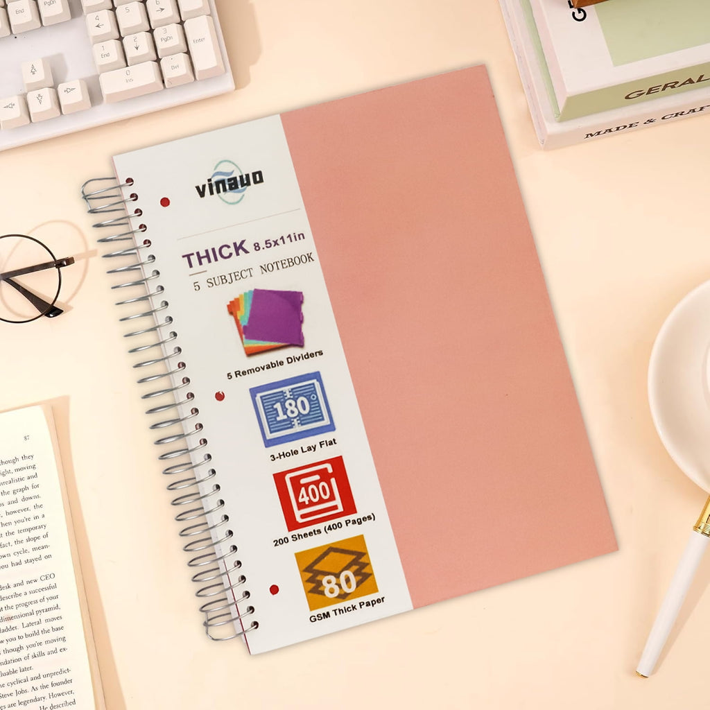 8.5" x 11", 5 Subject s College Ruled with Removable Dividers, 400 Pages Thick Writing Journal for Work , Pink - Image 4