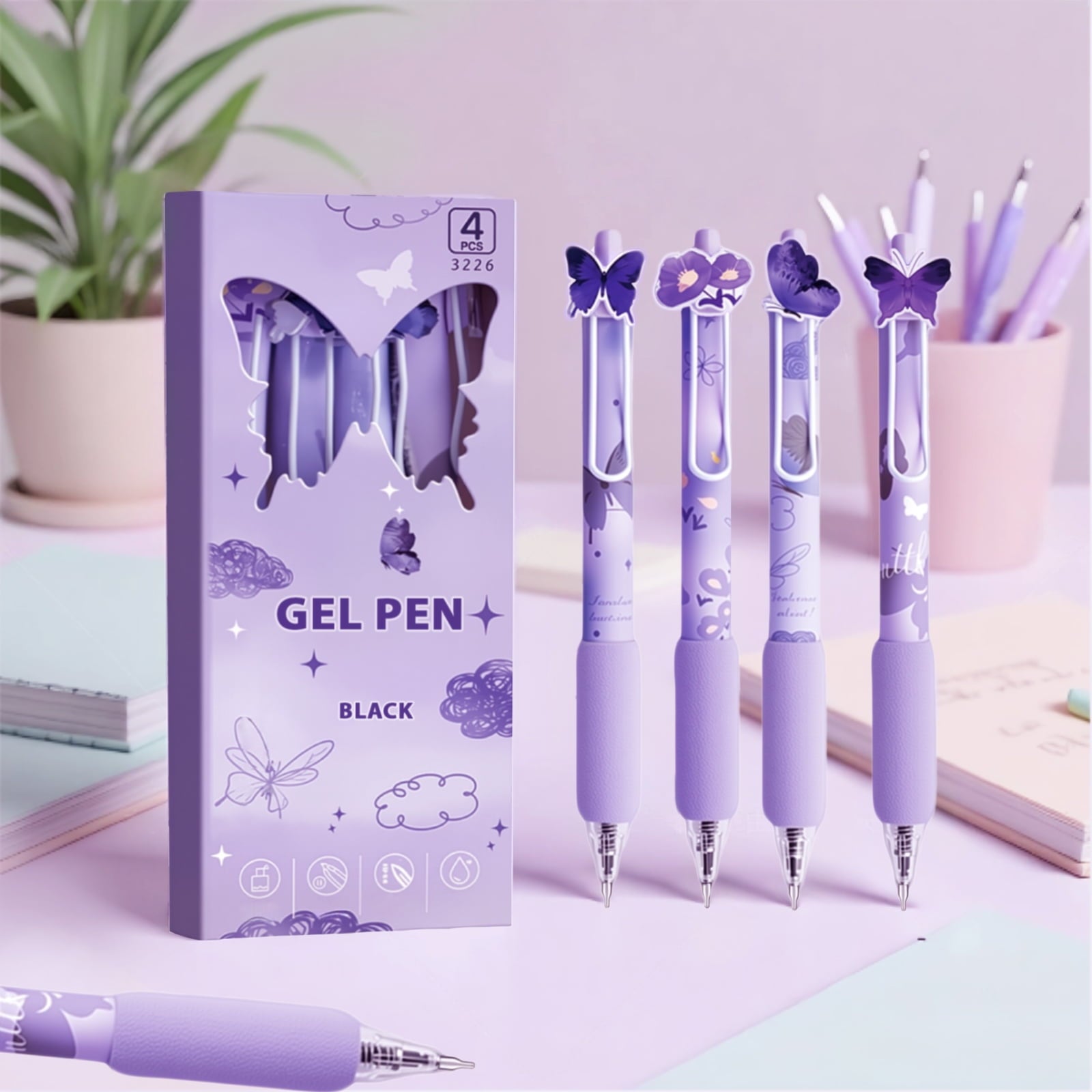 8 Pcs Purple Butterfly Pens Cute Retractable Gel Pens 0.5mm Black Ink Writing Pen for Women Men Pen Set Office Home Supplies - Image 5