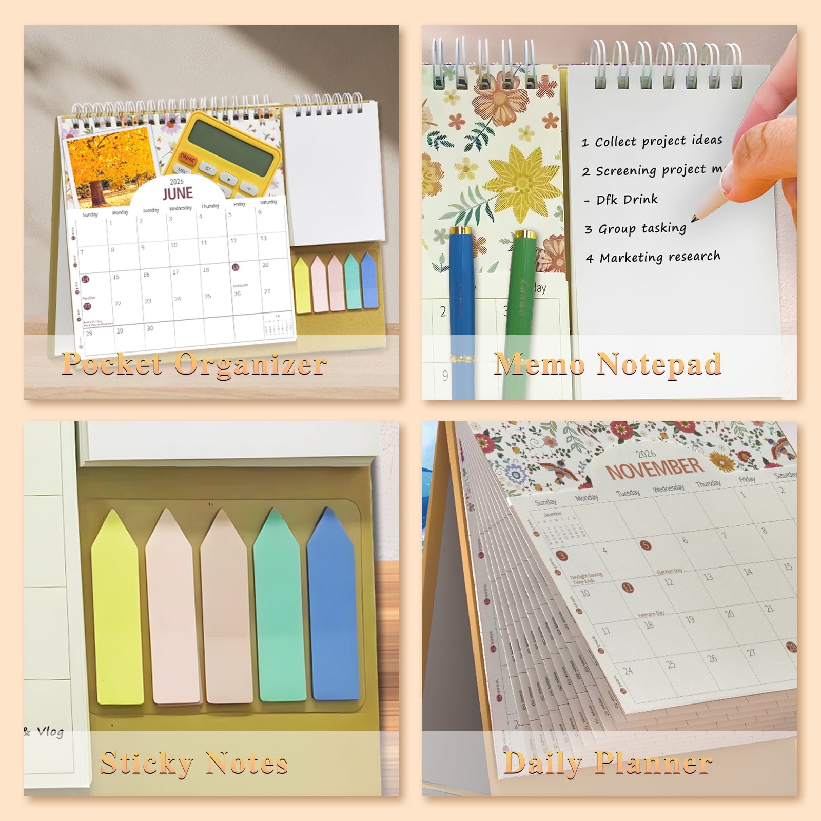 Small Desk Calendar 2026, Monthly Desktop Calendar with Pocket Folder, Jan. 2026 - Dec. 2026, 8" x 10", Standing Flip Calendar with To Do Li - Image 3