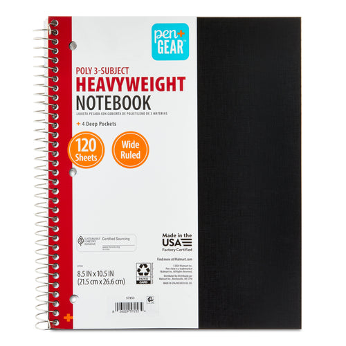 (2 pack) Wide Ruled 3-Subject Poly Notebook, Black, 8.5" x 10.5", 120 Sheets - Image 2