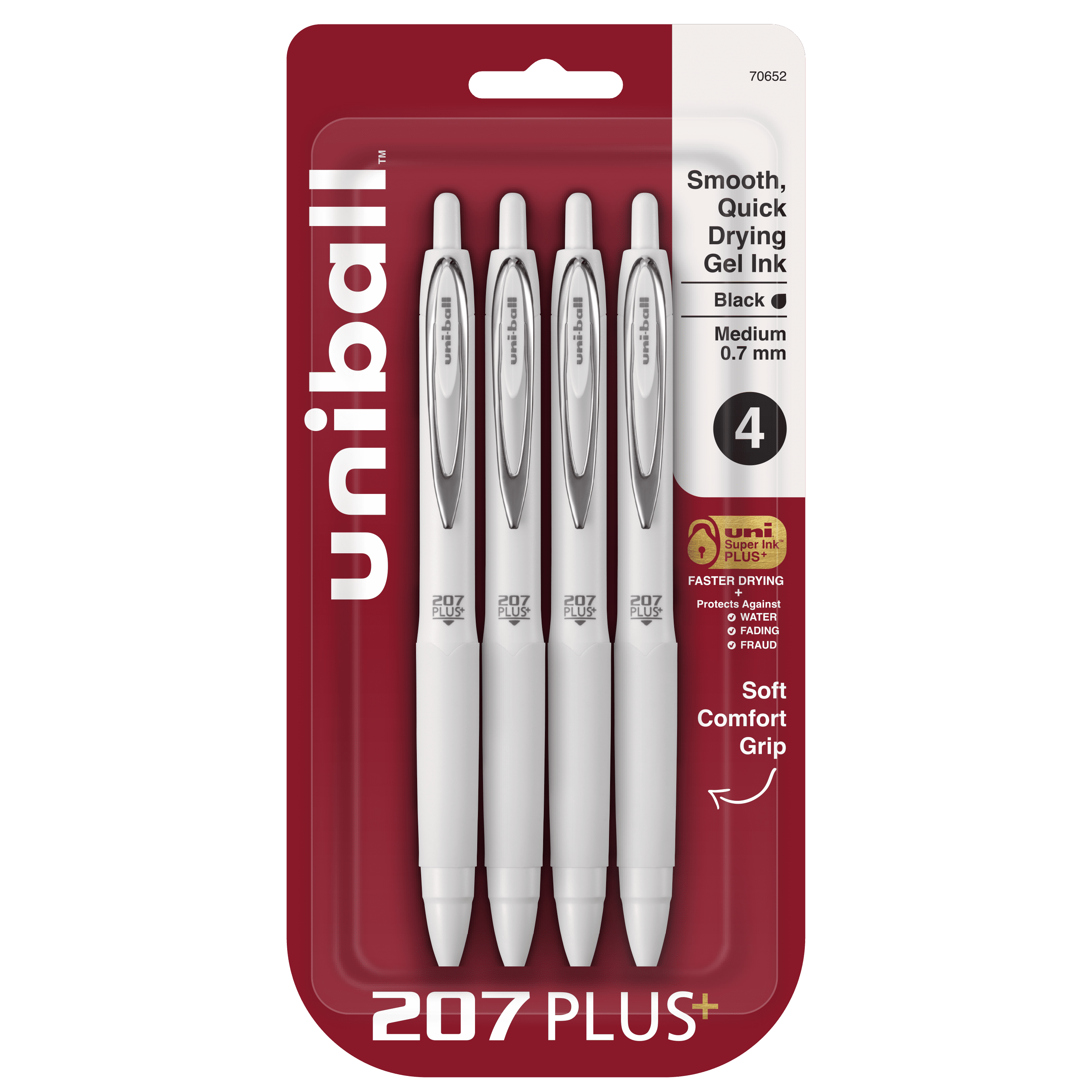 207 Plus+ Retractable Gel Pens, Medium Point (0.7mm), White Barrel, Black Ink. 4 Pack